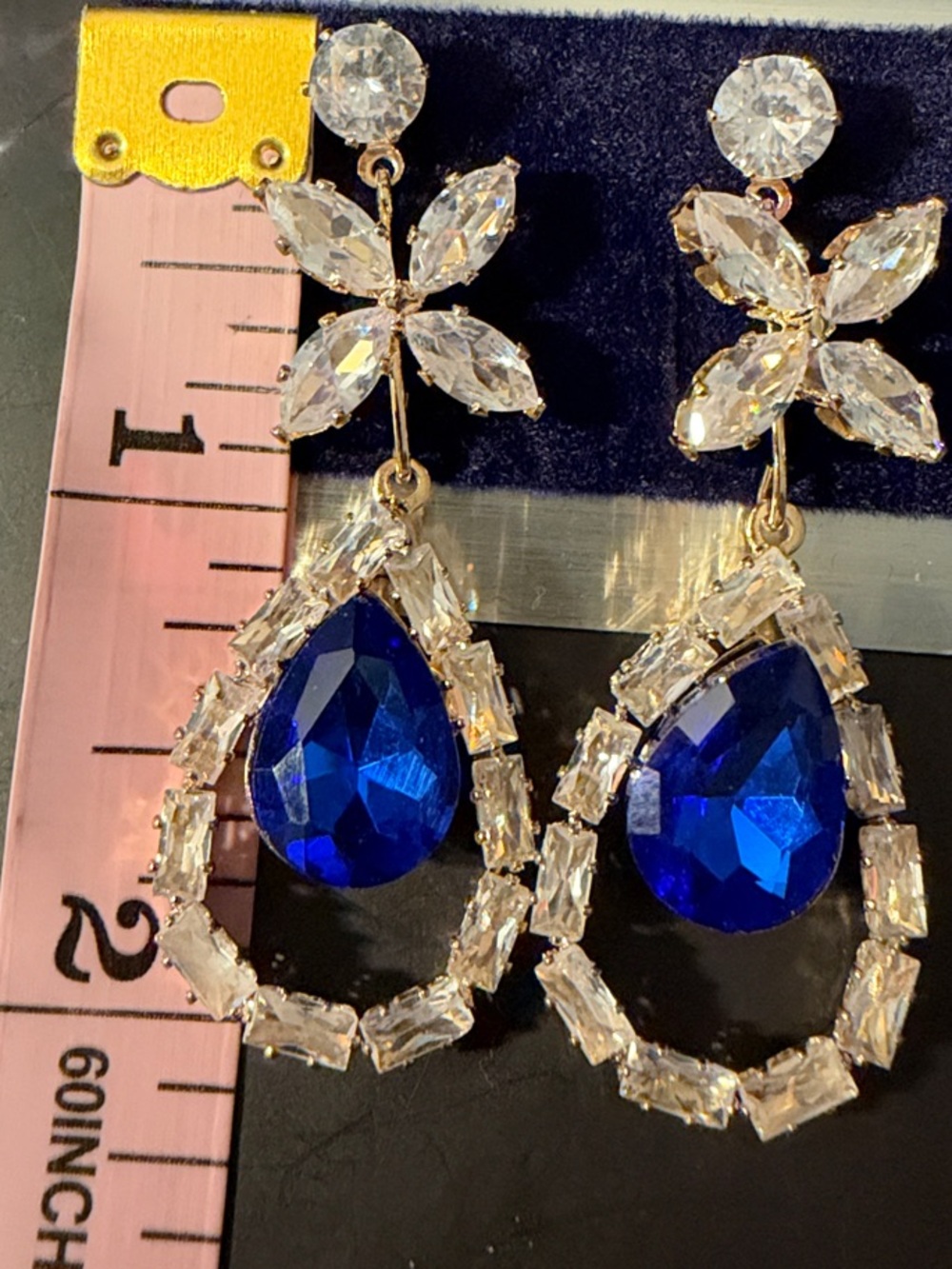 Gold Tone Blue Teardrop Crystal Statement Party Wedding Earrings - Picture 7 of 7